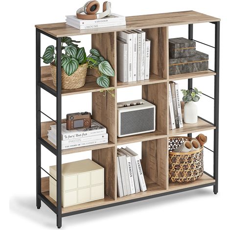Meuble de Rangement 3 Niveaux, Étagère Rangement, Bibliothèque Style Industriel, 9 Cubes, pour Salon, Bureau, Entrée, Cuisine, 30 x 100 x 103,1 cm, Marron Camel et Noir d'encre (1/5)