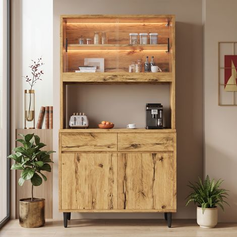 Buffet haut de salle à manger 100 x 40 x 185 cm, rangements à plusieurs niveaux, prise électrique intégrée et ports USB-C et USB-A, avec bandeau lumineux coloré, finition chêne (1/5)