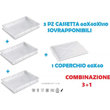 OFFERTA 3 CASSETTE PORTAIMPASTO 1 COPERCHIO 60X40X10 CONTENITORE IMPASTO PIZZA