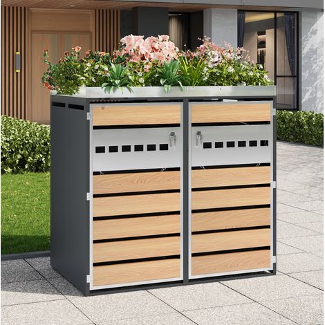 Armoire à poubelles avec bac à fleurs, 2 compartiments, acier galvanisé, gris et bois HAVRYA (1/5)