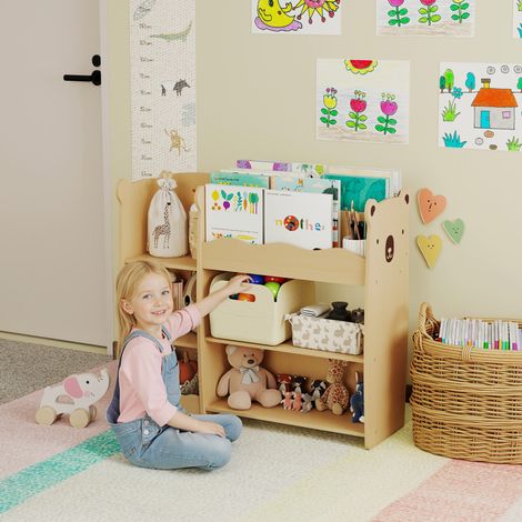 Estantería para juguetes para niños de 3 a 8 años con estantes abiertos y compartimentos, fabricada en madera, 92x29x79 cm, color madera. (1/5)