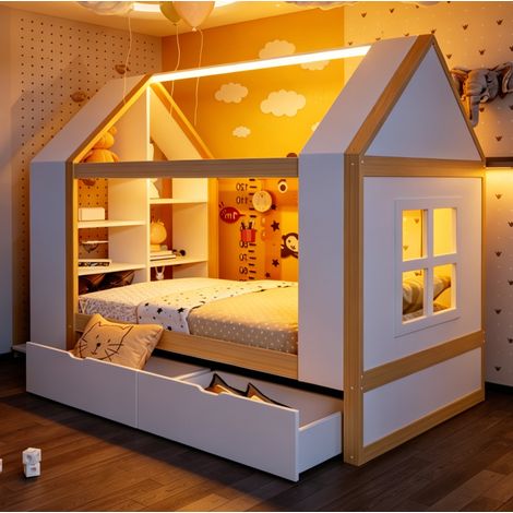 Cama infantil 90x200 cm blanca y color madera en madera maciza con cajones, LED y almacenaje (1/5)