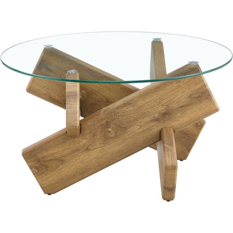 CHICFURN Mesa baja redonda de 79 cm x 45 cm en MDF y vidrio transparente, estructura cruzada (1/5)