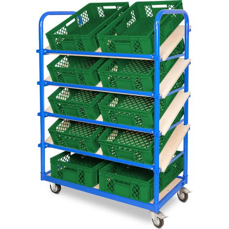 BRB Schrägboden-Regalwagen mit 5 Ebenen, bestückt mit 10 Euroboxen BxTxH 600x400x150 mm, durchbrochen, BxTxH 1050x500x1450 mm (grün)