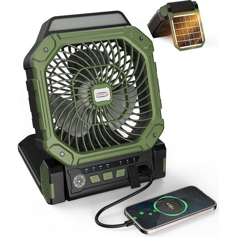 Solarventilator mit Akku – 4 Geschwindigkeitsstufen + 3 LED-Taschenlampen – Fernbedienung und Timer (2/4/8 Std.) – USB-C-/Solarbetrieb – Kompaktes Campingformat – Umweltfreundlich (1/5)