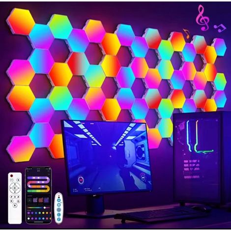 Lampada da parete esagonale a LED RGB – Sincronizzazione musicale e 16 milioni di colori – Illuminazione intelligente tramite app – 20 pannelli esagonali – Gaming – Sala giochi (1/5)