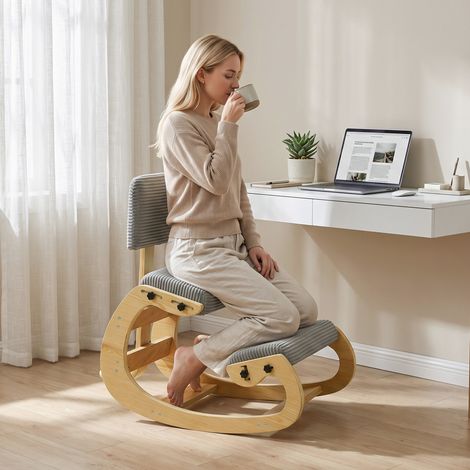 Chaise ergonomique à genoux avec dossier, aspect velours côtelé, grise, robuste et stable (1/5)