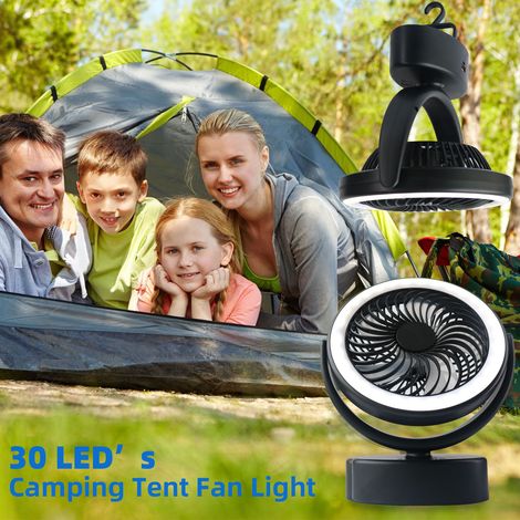 Ventilatore da Campeggio con Lampada LED 30 Luci, Testa Rotante e Gancio Sospensione – Design Portatile in Plastica Robusta – Ideale per Tenda, Esterno e Garage (1/5)