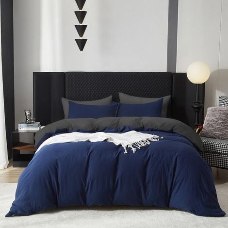 Parure de lit en coton bleu foncé gris 200x200cm 3 pièces coton respirant doux fin parure de lit réversible housse de couette 200x200cm et 2 taies d'oreiller 80x80cm avec fermeture éclair (1/5)