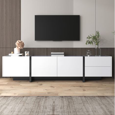 Mueble TV 190 x 35 x 45 cm con 3 puertas, 2 cajones, blanco brillante y negro DESVIAE (1/5)