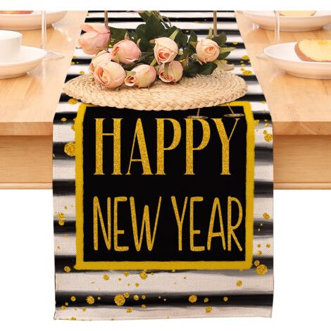 Chemin de table « Bonne année », nappe noire et or à pois et étoiles, décoration pour la maison et la cuisine, ambiance champêtre, linge de table en toile de jute pour les fêtes d'hiver 2026