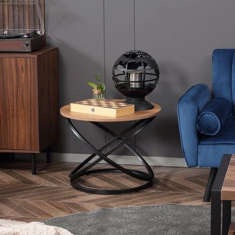 Runder Couchtisch im Industriestil aus schwarzem Metall mit Holzplatte – Maße: Ø 60 x 46 cm (Höhe)