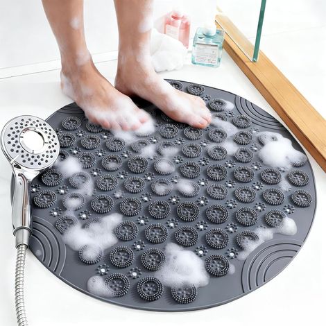 Tapis de douche antidérapant en TEP, rond, doux, avec ventouses et fonction massage, résistant aux moisissures, séchage rapide, 55 x 55 cm, gris foncé (1/5)