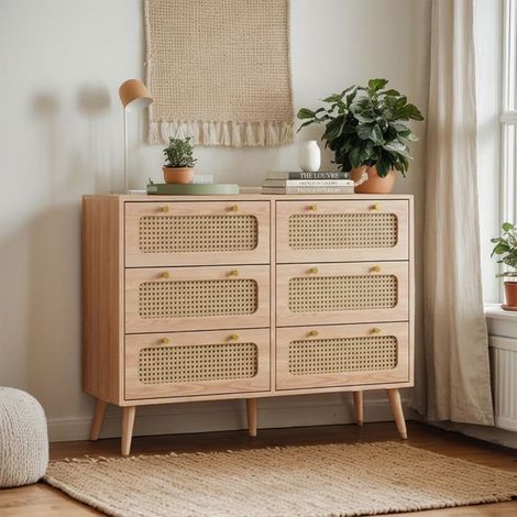 Cómoda de 6 cajones, escandinava, con botones de metal, patas de madera, mueble de dormitorio, color madera natural. (1/5)