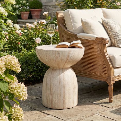 Table d'appoint de jardin, Bout de canapé extérieur pour balcon et terrasse, en MgO style moderne Ø45x52.5cm sans montage, Beige effet travertin