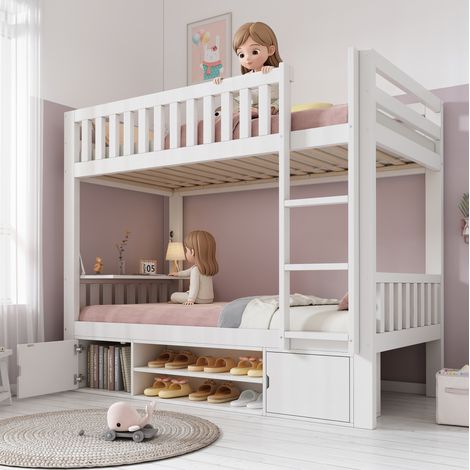 Etagenbett 90x200 cm Weiß aus Holz mit klappbarer Tischplatte, Schuhregal und Stauraum (1/5)