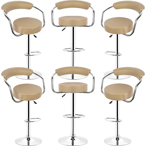 Hofuton Tabouret de Bar, Lot de 6, Chaise, Hauteur Réglable, Revêtement en PU, Rotatif sur 360°, avec Dossier et Repose-Pieds, Piètement Chromé, Brun (1/5)