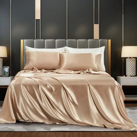 (137x190+36, Kaki) Parure de lit en satin, ensemble de literie soyeux 4 pièces, comprenant un drap-housse à poches profondes, un drap et 2 taies d'oreiller