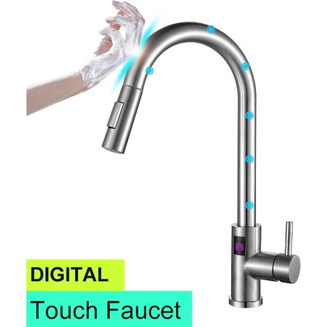 Robinet de cuisine numérique tactile (touch-brushed-G1/2) en acier inoxydable 304, mitigeur eau chaude/eau froide monotrou. (1/5)
