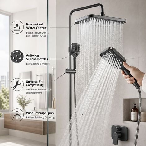 Pommeau de douche ensemble 29cm effet pluie argenté, douchette haute pression anti-calcaire, flexible inox 1,5m renforcé