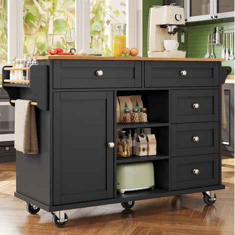Carro de cocina 134 x 46 x 92 cm negro con estantes laterales, cajones y uso móvil o fijo (1/5)