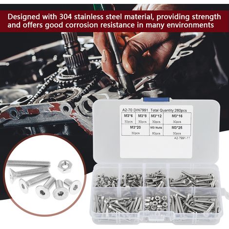 Kit de 260 vis et écrous à tête plate hexagonale creuse M3 en acier inoxydable 304 avec boîte (1/5)