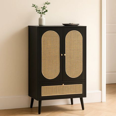 URBAN MEUBLE Meuble à chaussures haut noir en rotin 2 portes et 1 tiroir 60x40x110,5 cm (1/5)