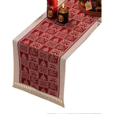 Chemin de table rouge de Noël, élégant chemin de table floral jacquard à franges pour la décoration intérieure, 35,5 x 180 cm (14 x 71 pouces) (1/5)