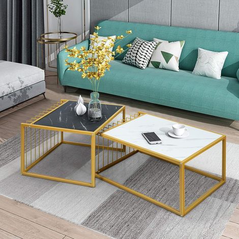 Costway – Lot de 2 tables basses gigognes en marbre artificiel – Structure métallique robuste – Dimensions 60x60x44cm et 80x53x38,5cm – Design scandinave moderne