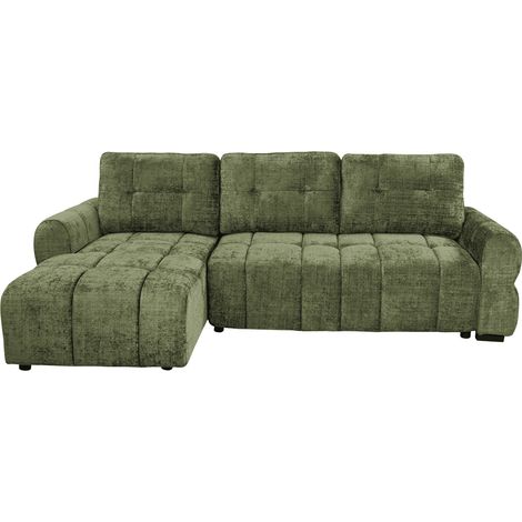 Canapé d'angle convertible avec coffre en velours chiné vert olive MAHLONE - Angle gauche (1/5)