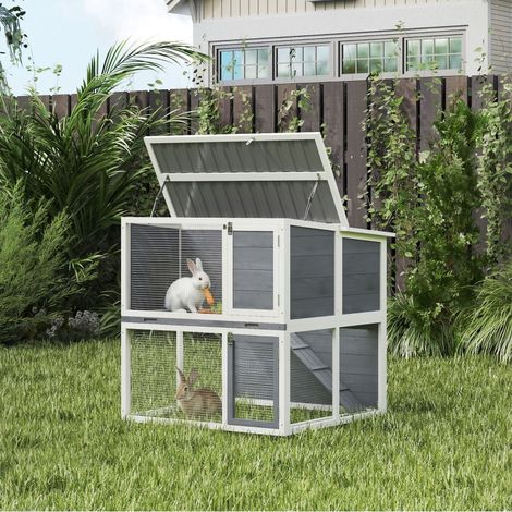 Clapier lapin extérieur cage à lapin 2 étages spacieux toit double ouverture plateau amovible (1/5)