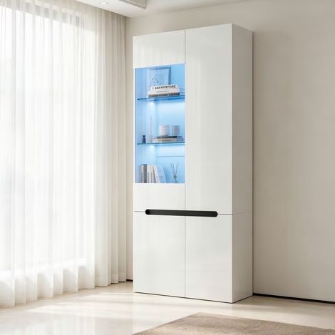 MODFU – Vetrina LED Bluetooth 80x35x180 cm in MDF con 4 ante, 8 scomparti e ripiani in vetro regolabili – Bianco (1/5)