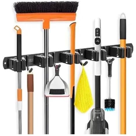Accroche Balai Mural Acier Inoxydable, 5 Supports + 6 Crochets Noir Organisateur Autocollant Sans Perçage pour Balais et Serpillières, Garage, Buanderie, Cuisine et Jardin