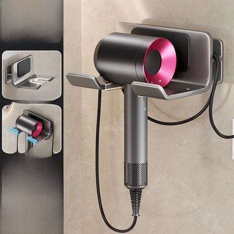 Support mural de salle de bain en aluminium sidéral gris anthracite pour sèche-cheveux, résistant aux rayures et sans perçage. (1/5)