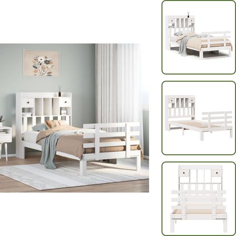 Massivholzbett mit Regal ohne Matratze Weiß 90x200 cm Kiefer - Bücherregalbett - Bücherregalbetten - Bett - Einzelbett
