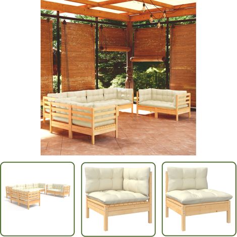 INLIFE Salon de jardin 8 pcs avec coussins crème Bois de pin massif (1/5)