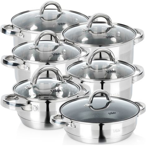 Set di pentole in acciaio inox con coperchi in vetro e padelle in acciaio inox di ottima qualità, 6 pezzi. (1/5)