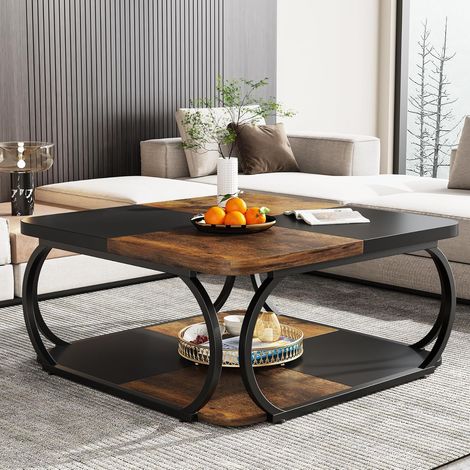 Tribesigns Couchtisch Quadratisch für Wohnzimmer, 100 x 100 x 50 cm Holzwerkstoff Couchtisch Niedrig Wohnzimmertisch für Modernes Wohnzimmer, Rustikales Braun Schwarz