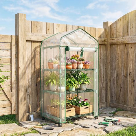 Mini invernadero de jardín con 3 estantes, cubierta de PVC de alta densidad, puerta enrollable, 4 ruedas, 69 x 49 x 130 cm, transparente