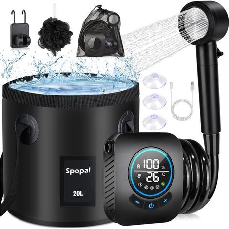 Camping Portable Shower, [Waterproof] Camping Shower Kit, Rechargeable, 8000mAh, with 20L Foldable Bucket, Smart Display and 5 Modes Shower Head for Outdoor, Camping (1/5)