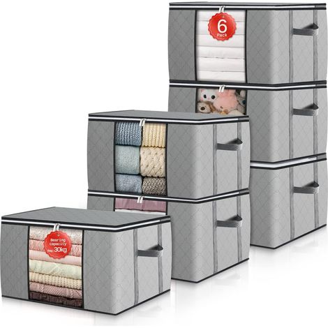 Lot de 6 sacs de rangement grande capacité pour vêtements, boîtes de rangement avec couvercles, boîtes de déménagement avec poignées renforcées, organisateur de penderie pour couette, linge de lit et (1/5)