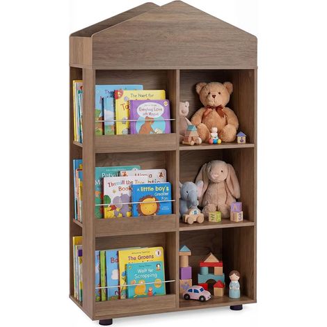 Bibliothèque Enfant avec Compartiments et Étagères Ouvertes, Étagère à Livres en Forme Maison avec Baffles Anti-Chute, Kit Anti-basculement (Naturel) (1/5)