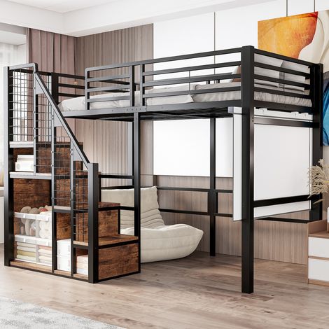 Letto a soppalco nero in metallo e MDF 90x200 cm con scala, spazio contenitore e sponde alte (1/5)