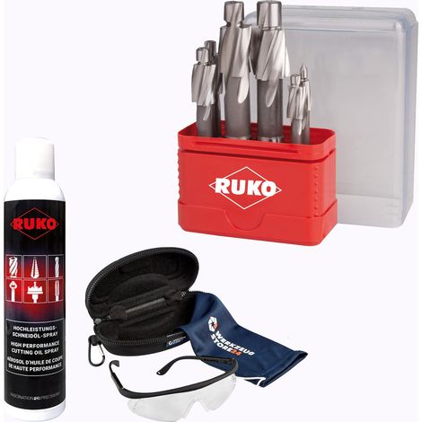 RUKO Jeu de fraises à embouts plats DIN 373 HSS, 6 p.c., M3–M10 avec spray et lunettes de protection