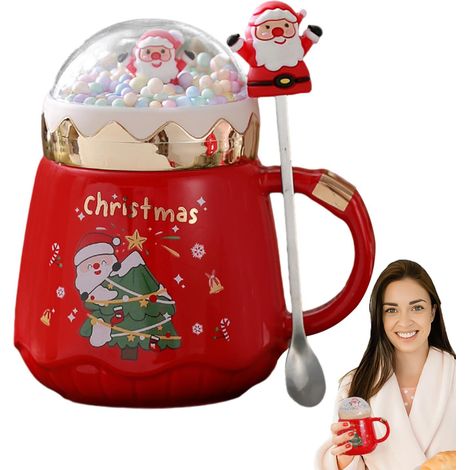 Mug de Noël en céramique de 500 ml avec couvercle en forme de boule à neige, idéal pour un usage domestique, la pâtisserie et l'organisation de la cuisine.-AquaForge (1/5)