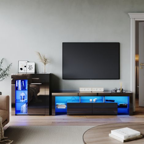 ELEGANT High Gloss 1600mm TV Stand Cabinet Sideboard Display Cabinet with RGB LED Lights Storage Unit Black Living Room Set 4 (1/5)
