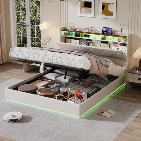 Lit coffre double 160x200,lit 160x200 avec sommier,lit 2 personnes avec LED et USB,Tête de lit Rangement,Sommier à lattes,Lin Beige (1/5)
