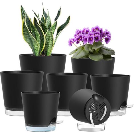 7er Set Selbstbewässerungstöpfe Ø 10,2-20 cm, Kunststoff, mit Wasserstandsanzeige, Schwarz (1/5)