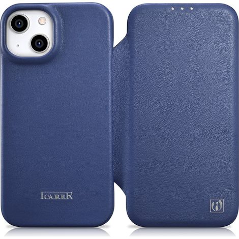 Funda magnética tipo libro para iPhone 14 Plus, MagSafe CE, piel premium azul (1/5)