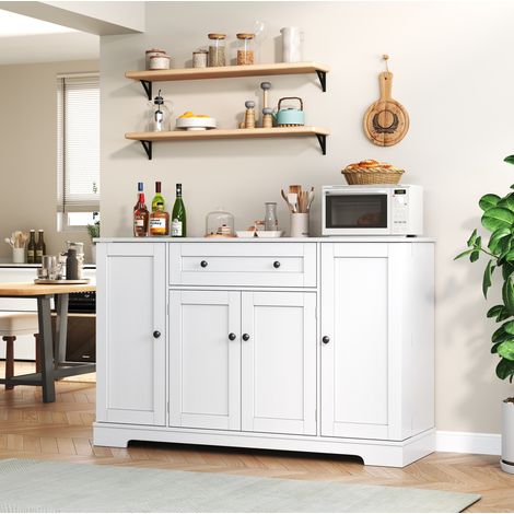 Aparador de cocina 138 cm con cajón, puertas y estantes ajustables, blanco MDF DESVIAE (1/5)